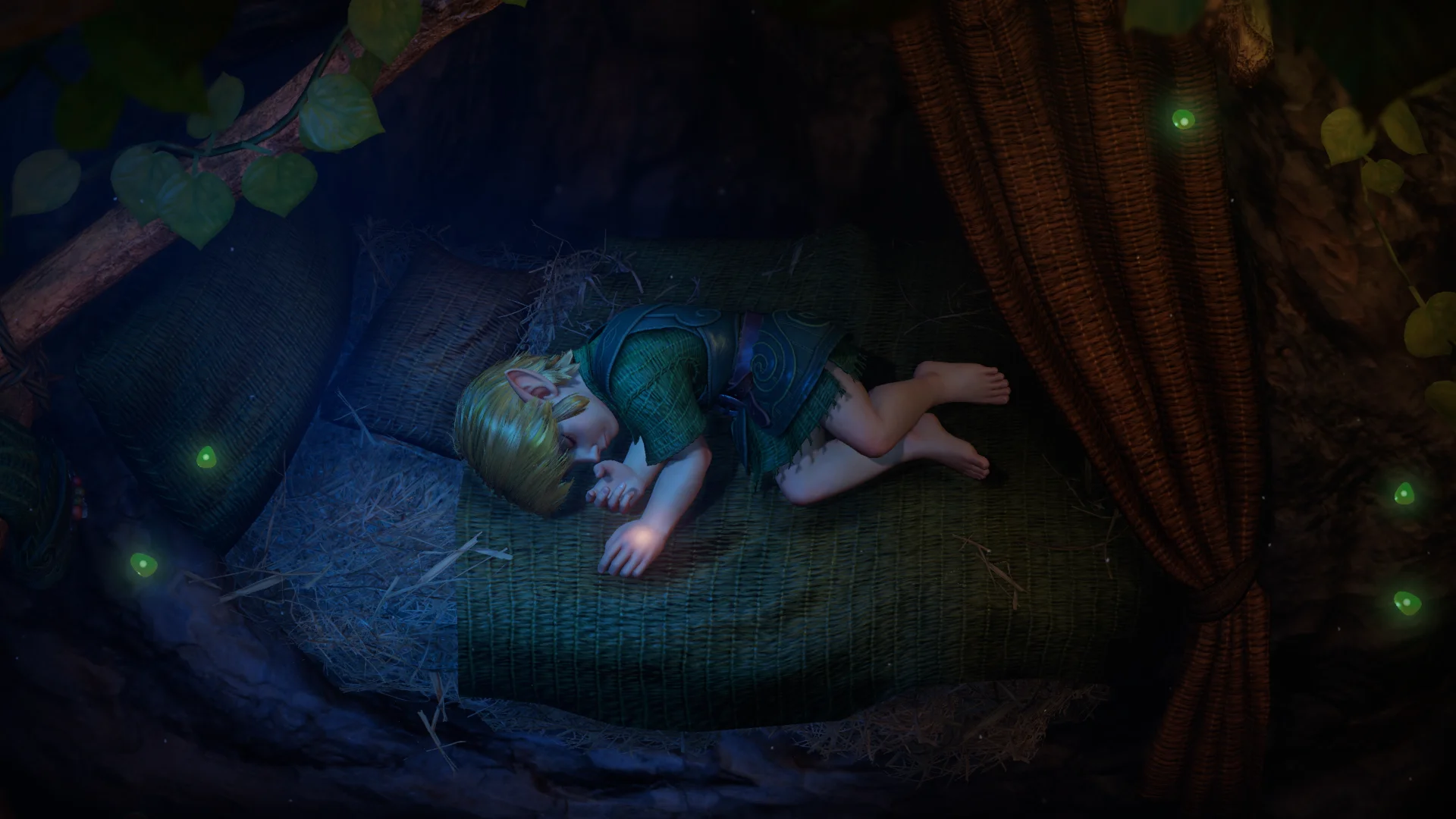 The Legend of Zelda Ocarina of Time Remake Screenshot of Link asleep in his bed, Triforce glowing on his hand