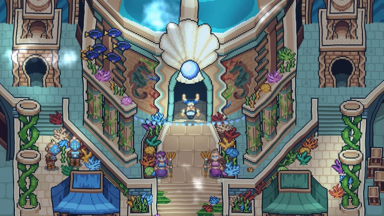 Tideborne Haven screenshot. The main character explores a beautiful underwater city.