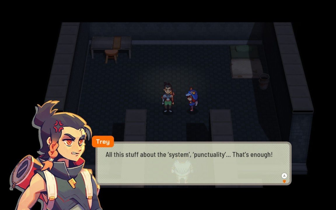 A scene from the game LumenTale: Memories of Trey. This scene shows Trey and another character discussing a plot point.
