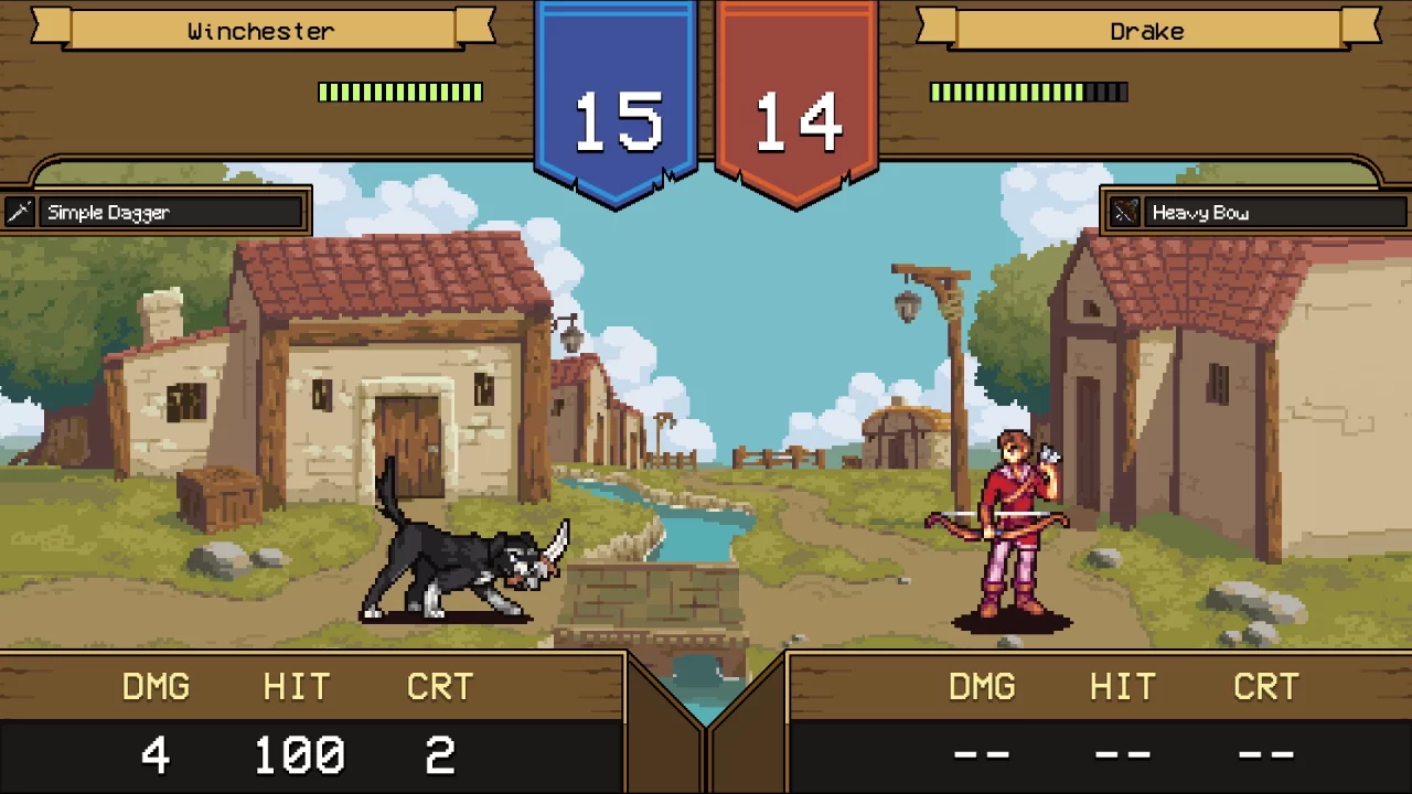 Wicked Nights: Holy Knights screenshot. Battle scene of a dog with a knife fighting a red-clad man with a bow.