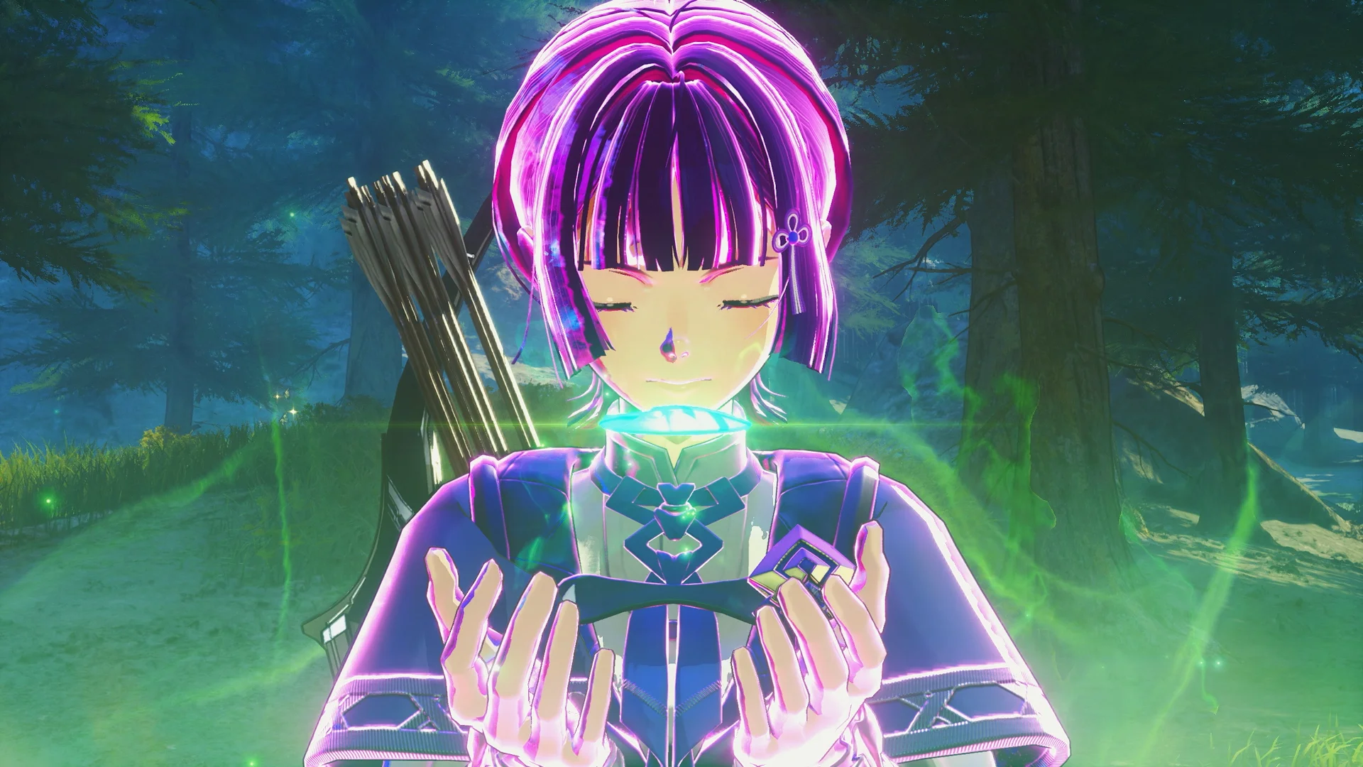 Xenoblade Genesis screenshot of a purple-haired girl closing her eyes and cradling a levitating crystal.