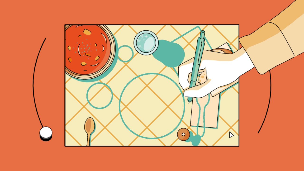 An and Roger screenshot of a hand drawing in outlines of objects to place on a dinner table.