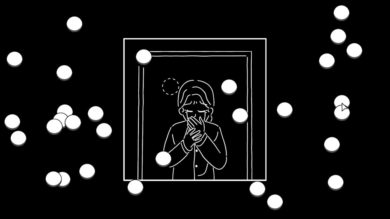 An and Roger screenshot of the protagonist's reflection in a mirror. She is crying. Countless buttons that can be pressed float around the screen.