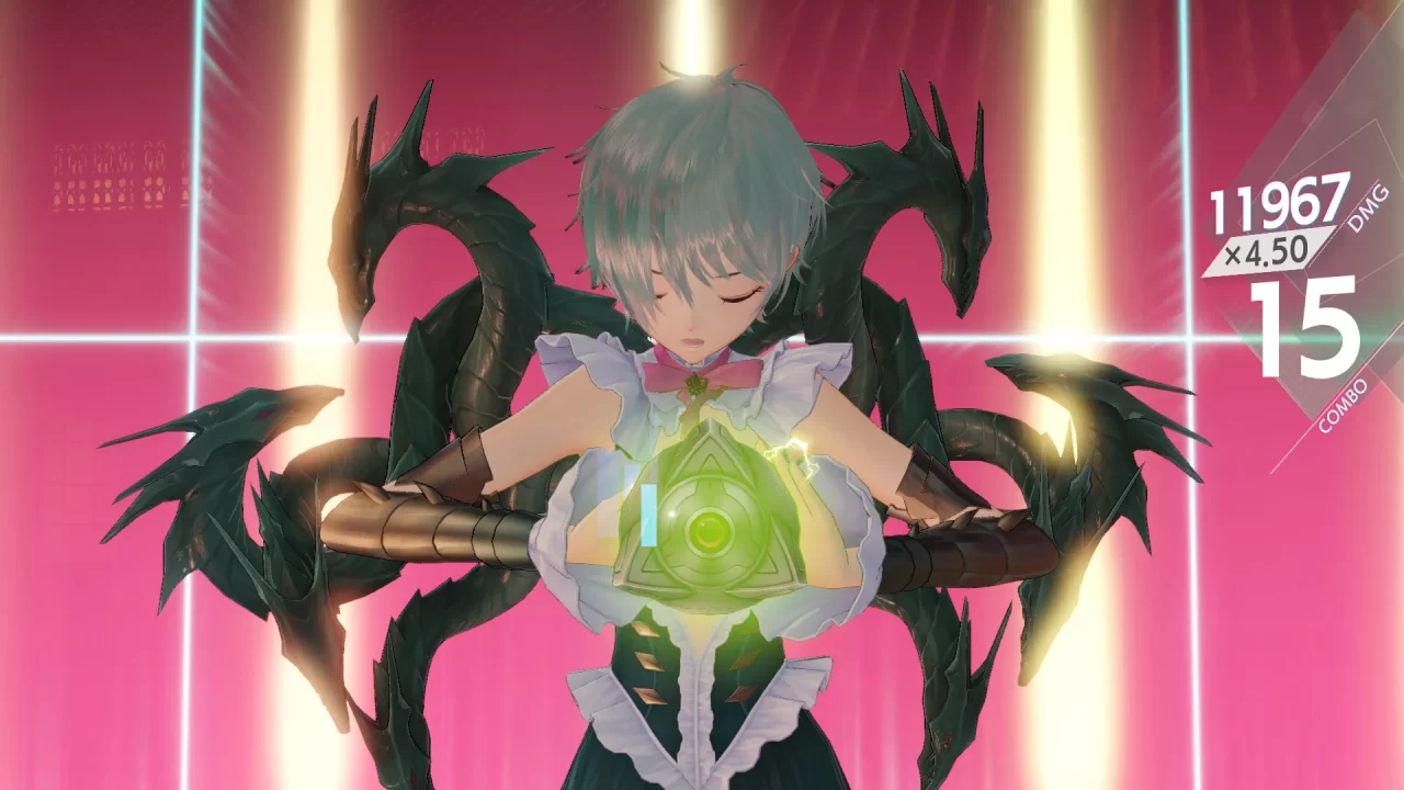 Blue Reflection Quartet screenshot of a short-haired girl channeling energy into a metallic sphere with six serpent-like dragon heads behind her.
