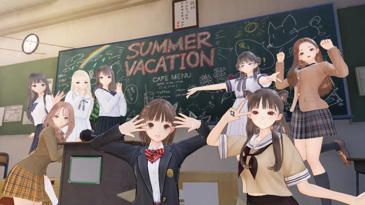 Eight girls in Blue Reflection Quartet posing for a school photo in front of a chalkboard pronouncing it is Summer Vacation.