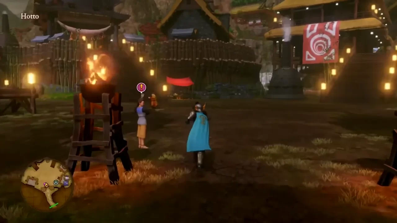 The hero enters the town of Hotto in Dragon Quest XI.