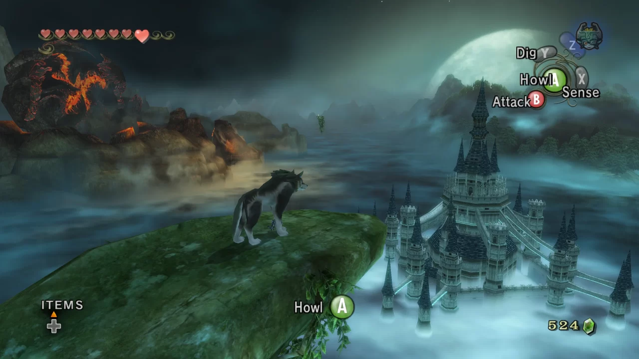 In Dusklight, Wolf Link overlooks Hyrule in the Twilight Realm, with many colorful vistas in the distance.