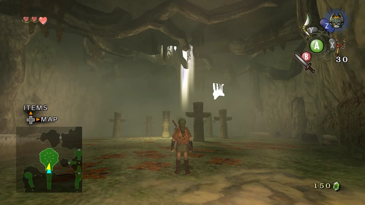 A room in the forest temple with ruins, greenery, and a crack in the wall with light pouring out, visually enhanced with the Dusklight port.
