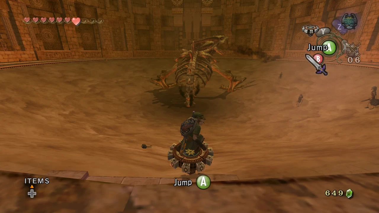 Link circles a boss while riding the Spinner item: a large Beyblade-like top in The Legend of Zelda: Twilight Princess / Dusklight.