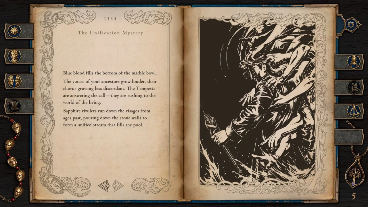The Life and Suffering of Prince Jerian screenshot of book pages detailing blue blood filling a marble bowl against an illustration of many arms reaching to grab a man holding a scepter.