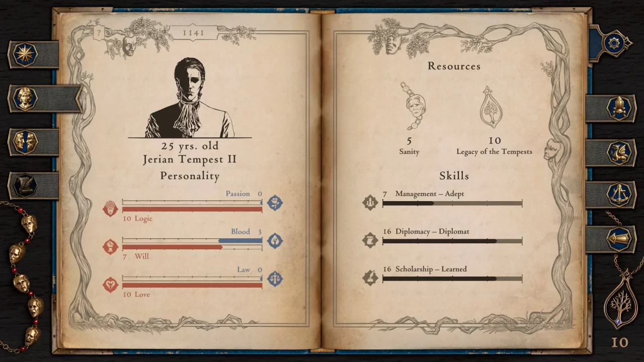 The Life and Suffering of Prince Jerian screenshot showing the prince's traits such as logic, passion, love, and law.