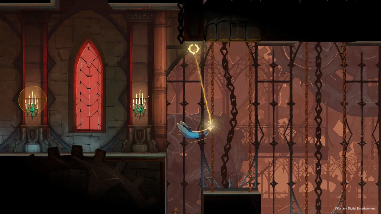 Rose swinging from a latch point in a clock tower area in Castlevania: Belmont's Curse.