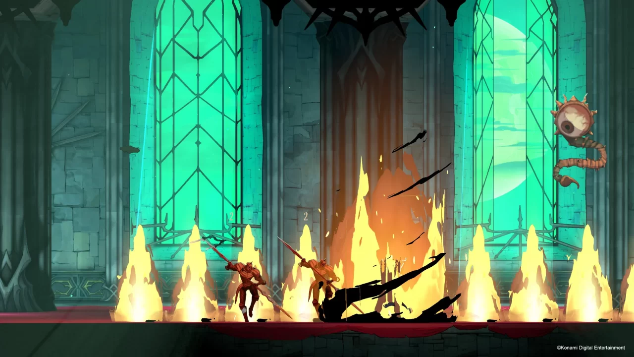 Enemies amidst a wall of flames against huge stained glass windows in Castlevania: Belmont's Curse.
