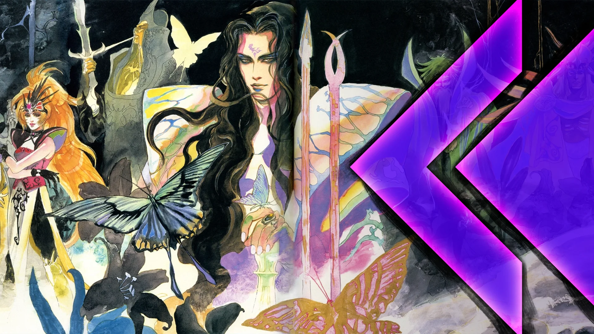 Retro Encounter 493 Romancing SaGa 2 artwork of a mysterious long-haired man and several colorful butterflies