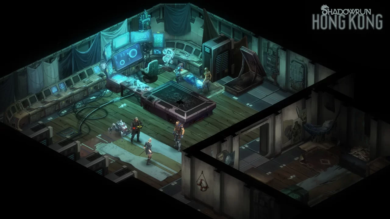 Shadowrun Hong Kong screenshot of a grungy control room full of computer equipment and sheets over the windows.