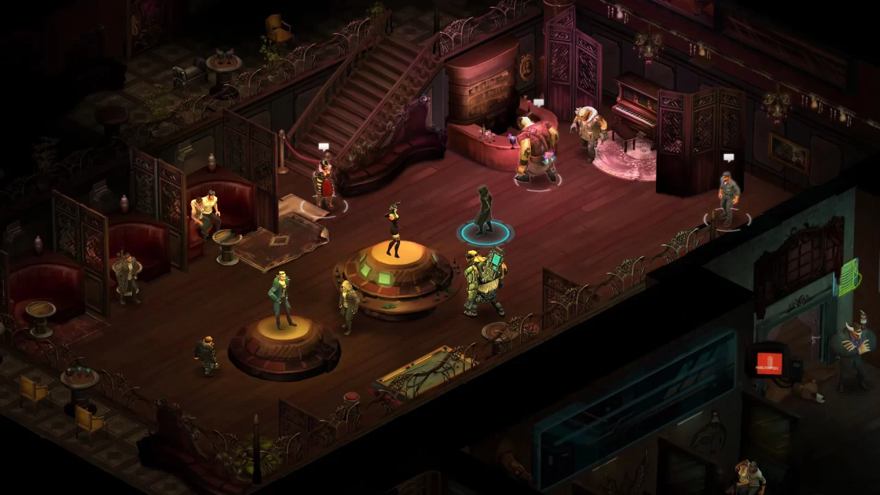 Shadowrun Returns screenshot of people in a bar adorned with classy wood finishes, plush booths, and dancers on platforms.
