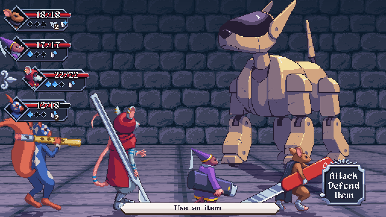 A party of small animals battling a robotic dog in Small Saga.