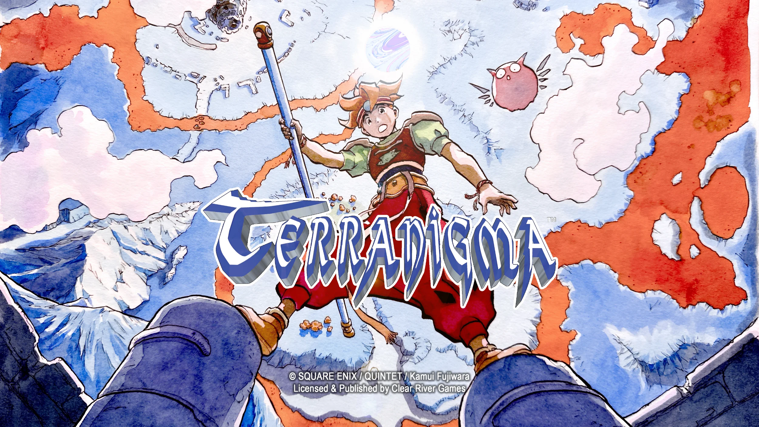 Terranigma artwork of Ark balancing on two pillars with the world above and below him.