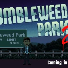 Thimbleweed Park 2 logo and protagonists by a city limit road sign.