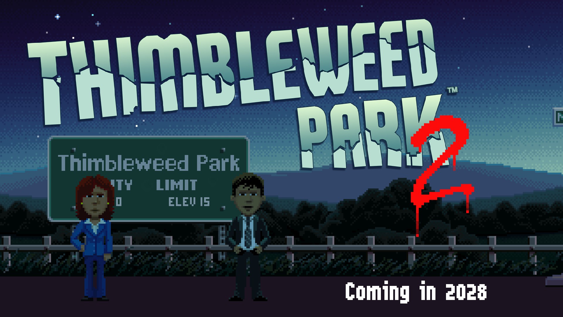 Thimbleweed Park 2 logo and protagonists by a city limit road sign.