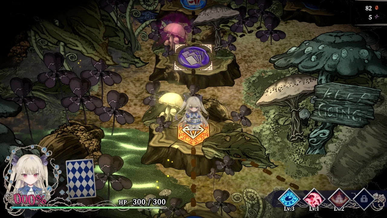 Crymelight screenshot of Alice on a map resembling a forest themed board game