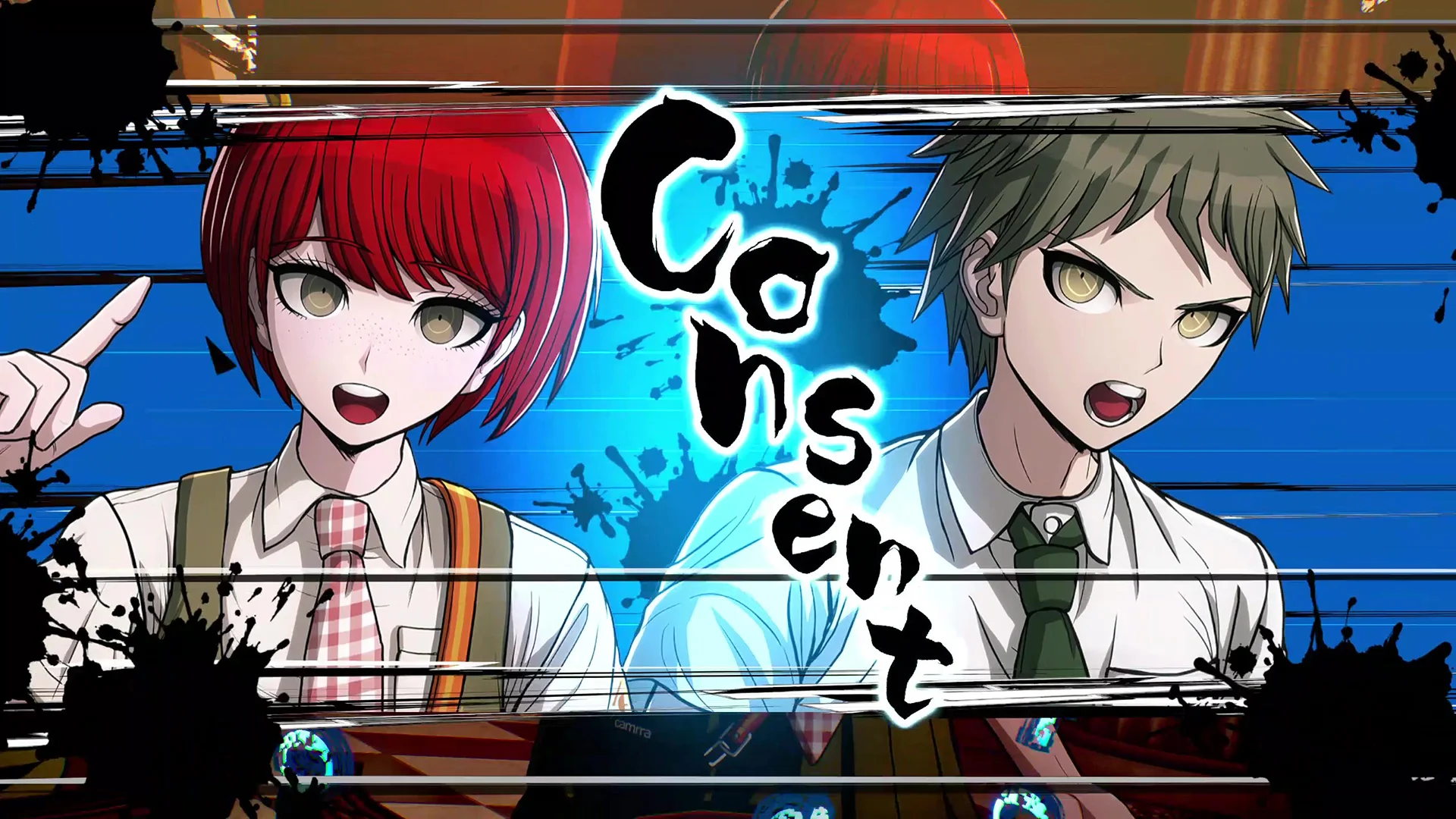 Danganronpa 2x2 Screenshot of two characters with the word CONSENT between them