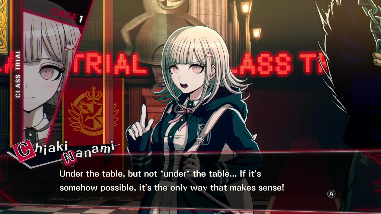 Danganronpa 2x2 Screenshot of Chiaki making a confusing statement about something under the table