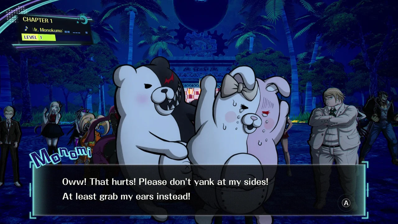 Danganronpa 2x2 Screenshot of Monokuma annoying Monomi by yanking her sides