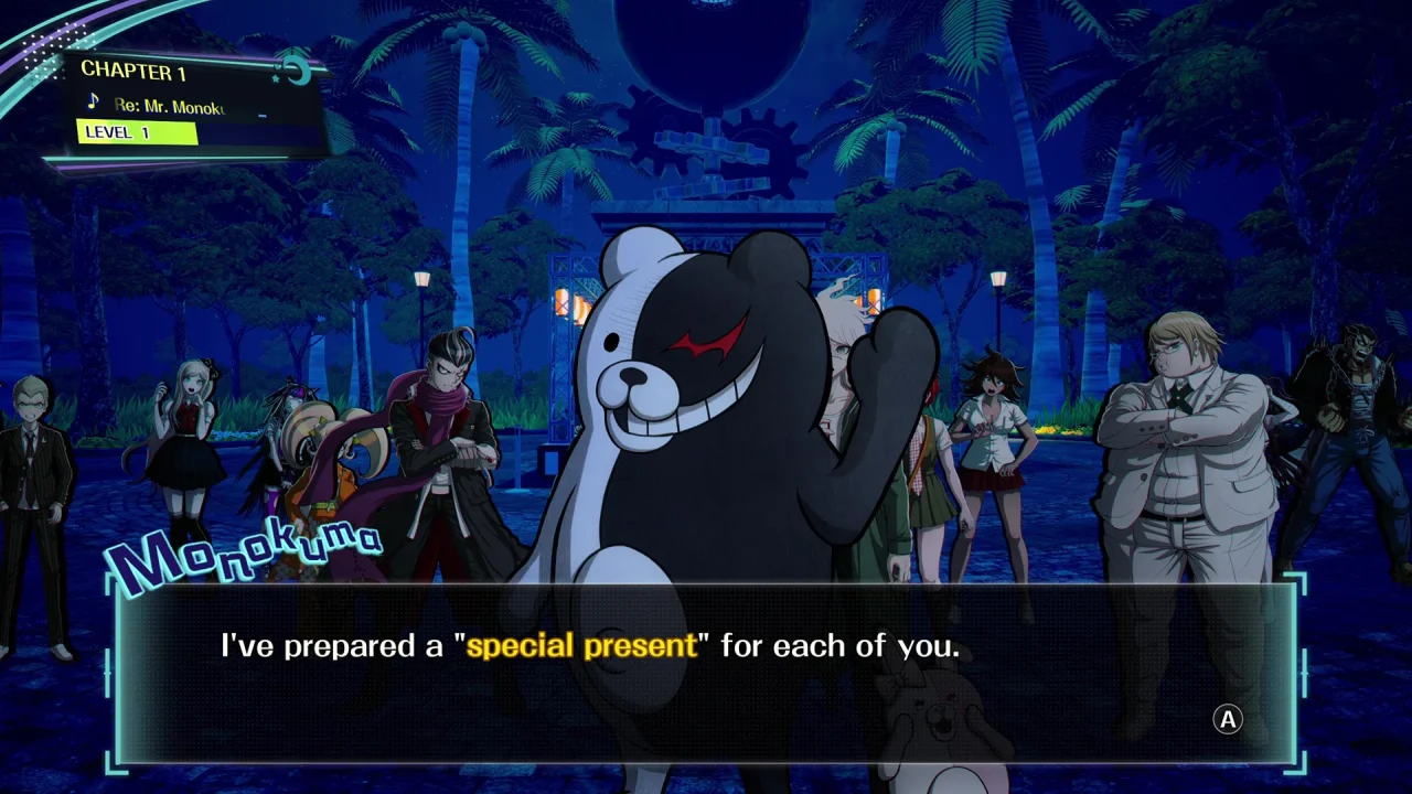 Monokuma telling the cast that he has prepared a special present in Danganronpa 2x2