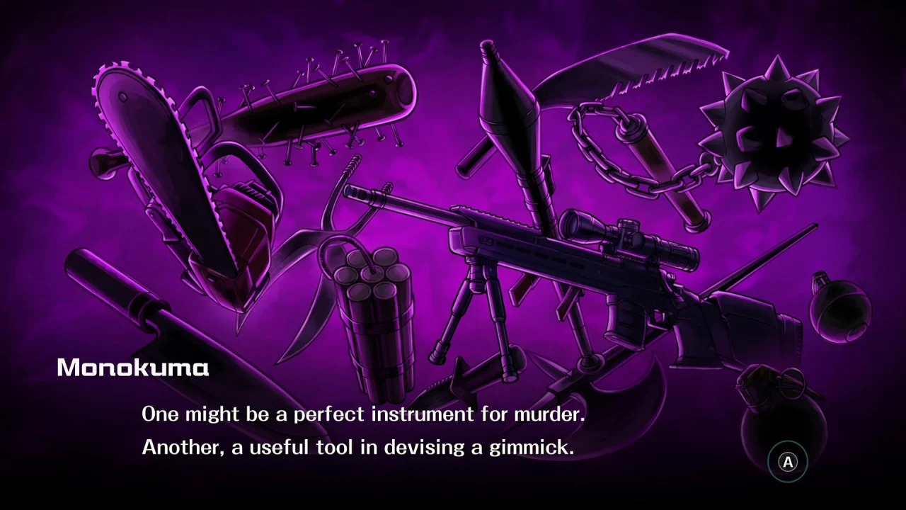 Danganronpa 2x2 Screenshot of a selection of deadly weapons