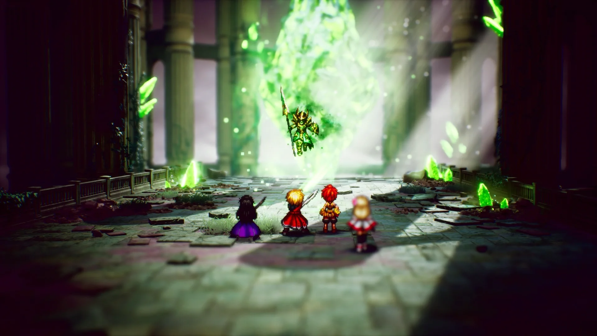 A screenshot of Final Fantasy Resonance that depicts pixellated party members standing before a green-wreathed figure.