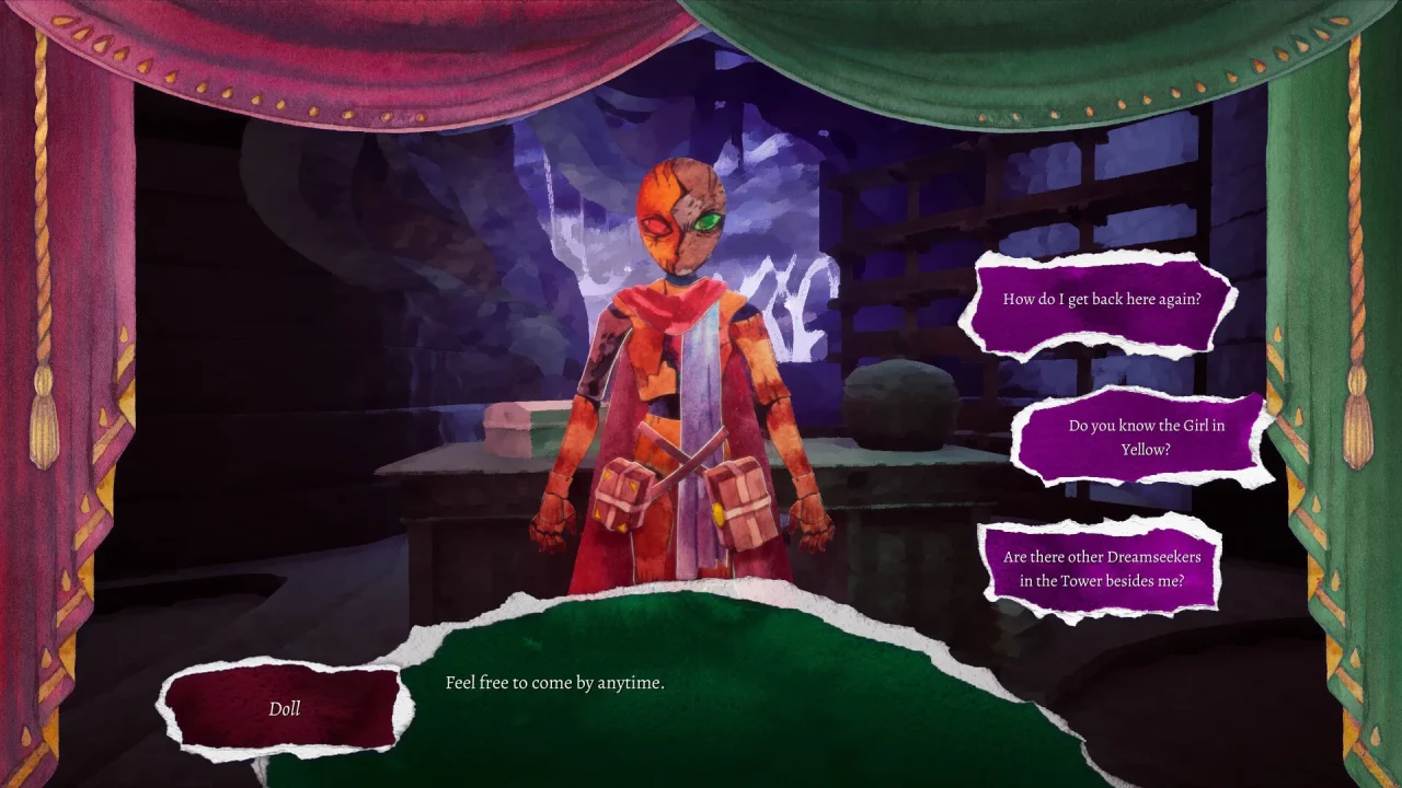 Flawless Abbey screenshot speaking to a welcoming patchwork doll.