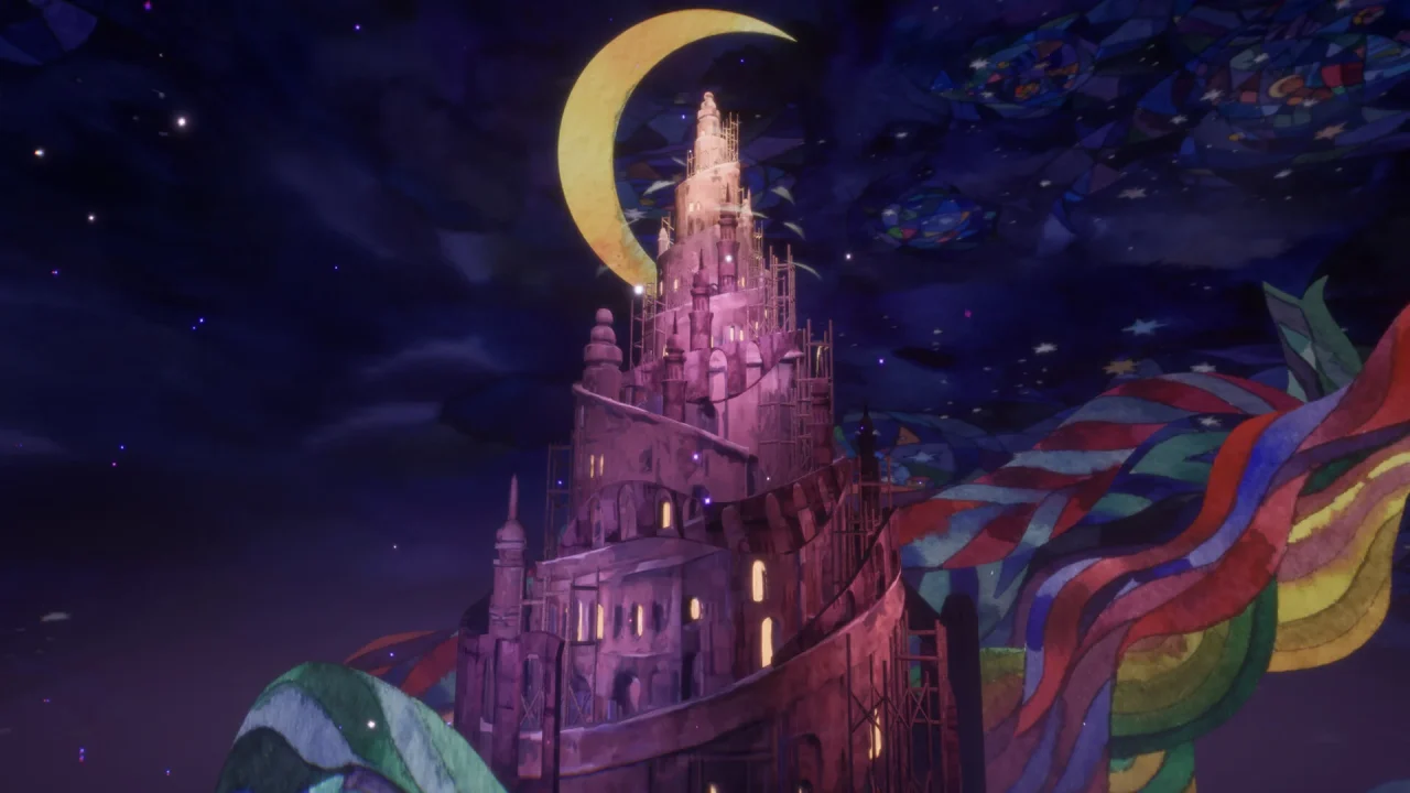 Flawless Abbey screenshot of a castle with a crescent moon behind it.
