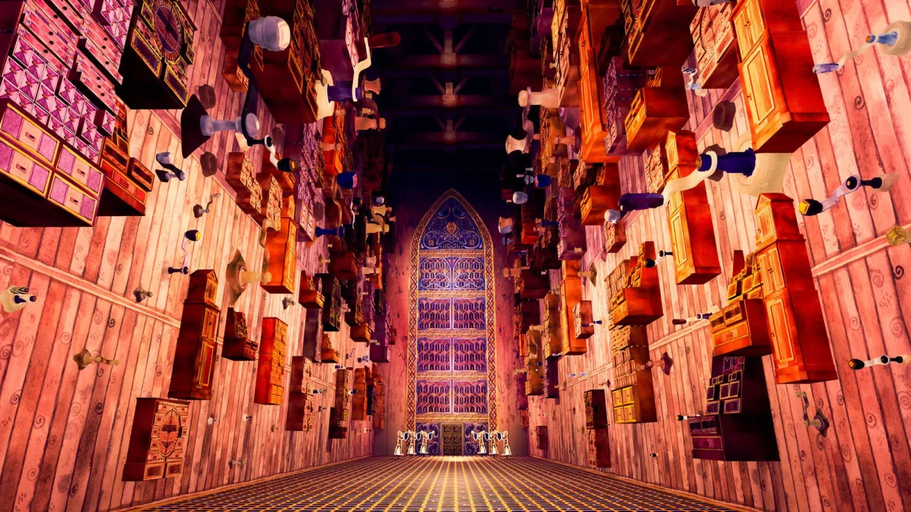 Flawless Abbey screenshot of a massive wooden hall lined with cabinets and drawers.