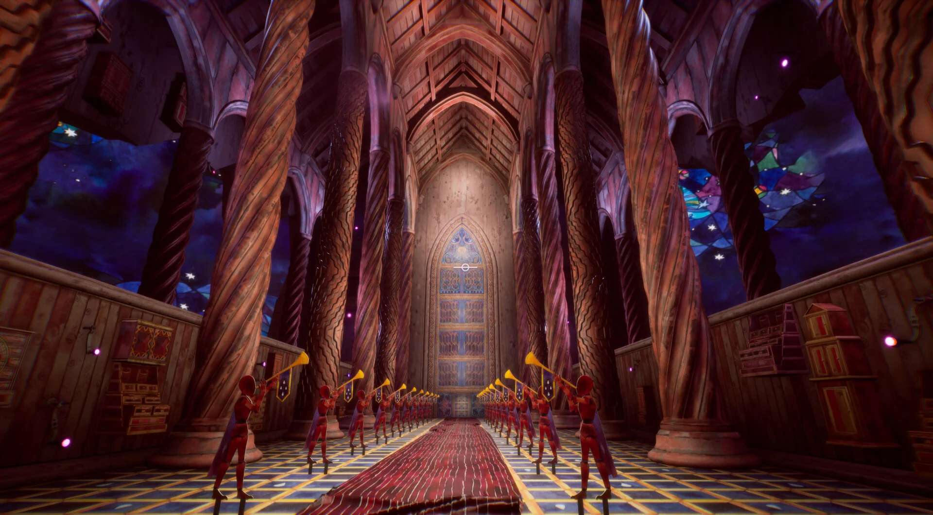 Standing in a huge, surreal and intricate hall of wooden columns with trumpeters, with stained glass and stars in the sky, in Flawless Abbey