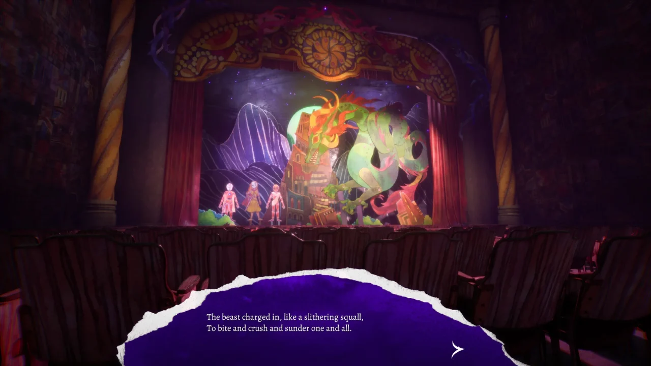 Flawless Abbey screenshot of a stage production with paper people and a dragon.