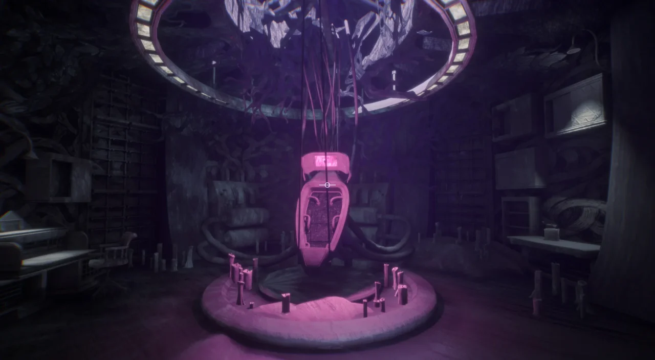 Flawless Abbey screenshot of a strange machine in a dark, dilapidated room.