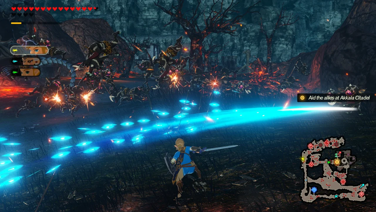 Link slashes at a pack of Black Bokoblins, sending them into the air.