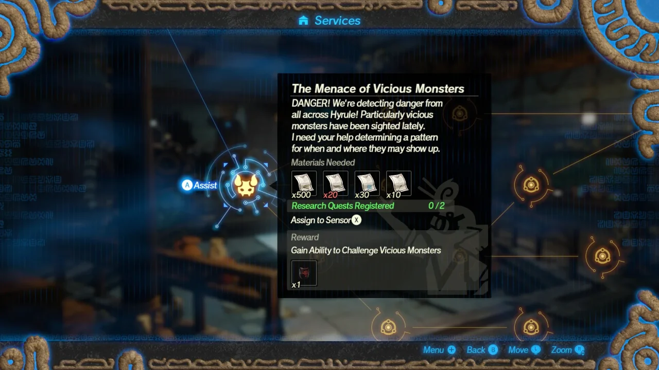 Hyrule Warriors Age of Calamity Definitive Edition Screenshot of the services and requests menu