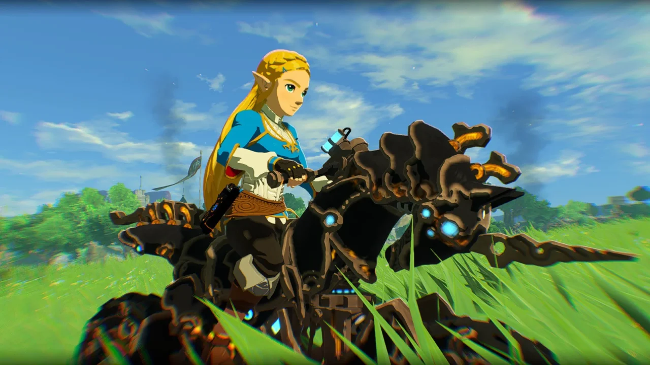 Princess Zelda atop a mechanical horse in Hyrule Warriors Age of Calamity Definitive Edition