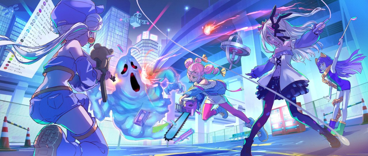 Late Fee Girls artwork of the girls attacking a ghostly creature in a neon city