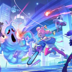 Late Fee Girls artwork of the girls attacking a ghostly creature in a neon city