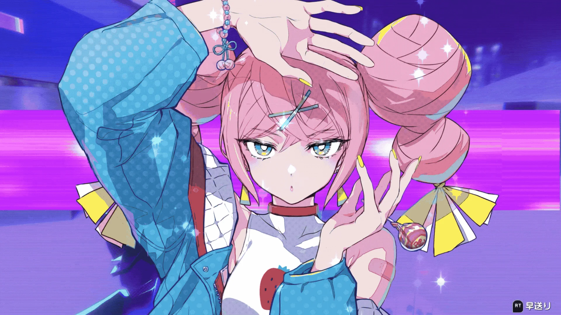 Late Fee Girls Screenshot of a pink-haired girl in an oversized jacket framing her face with her hands as sparkles emanate from her