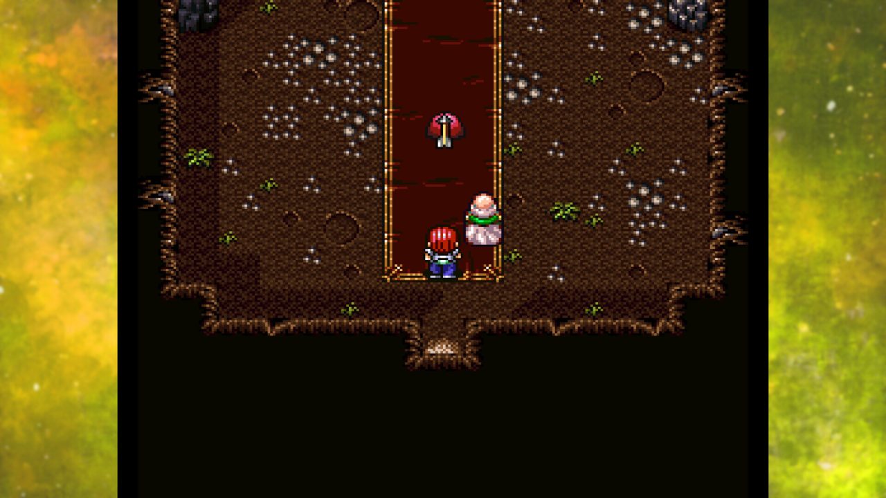 Maxim and an old man in a cave, launching an arrow at a Red Jelly in Lufia I & II: The Sinistrals Saga