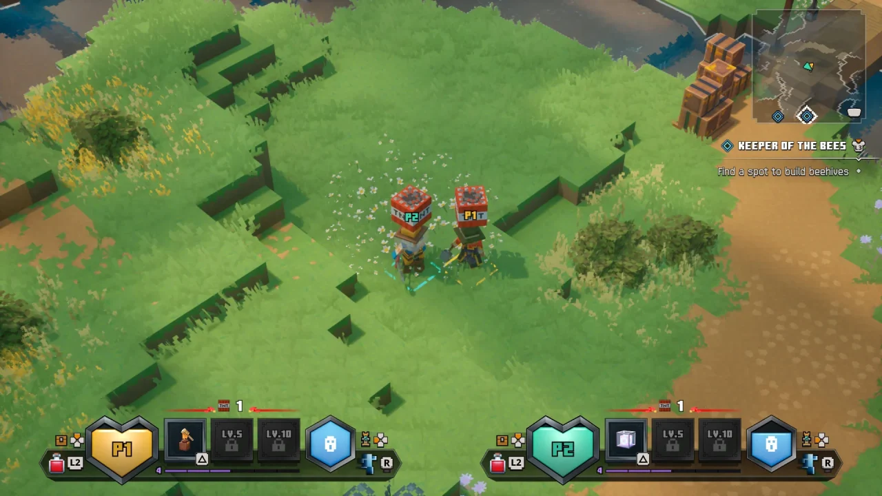 Minecraft Dungeons II's co-op, with two players holding TNT crates. 