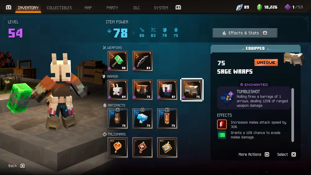 Minecraft Dungeons II's loadout screen, featuring a character with high-level equipment. 