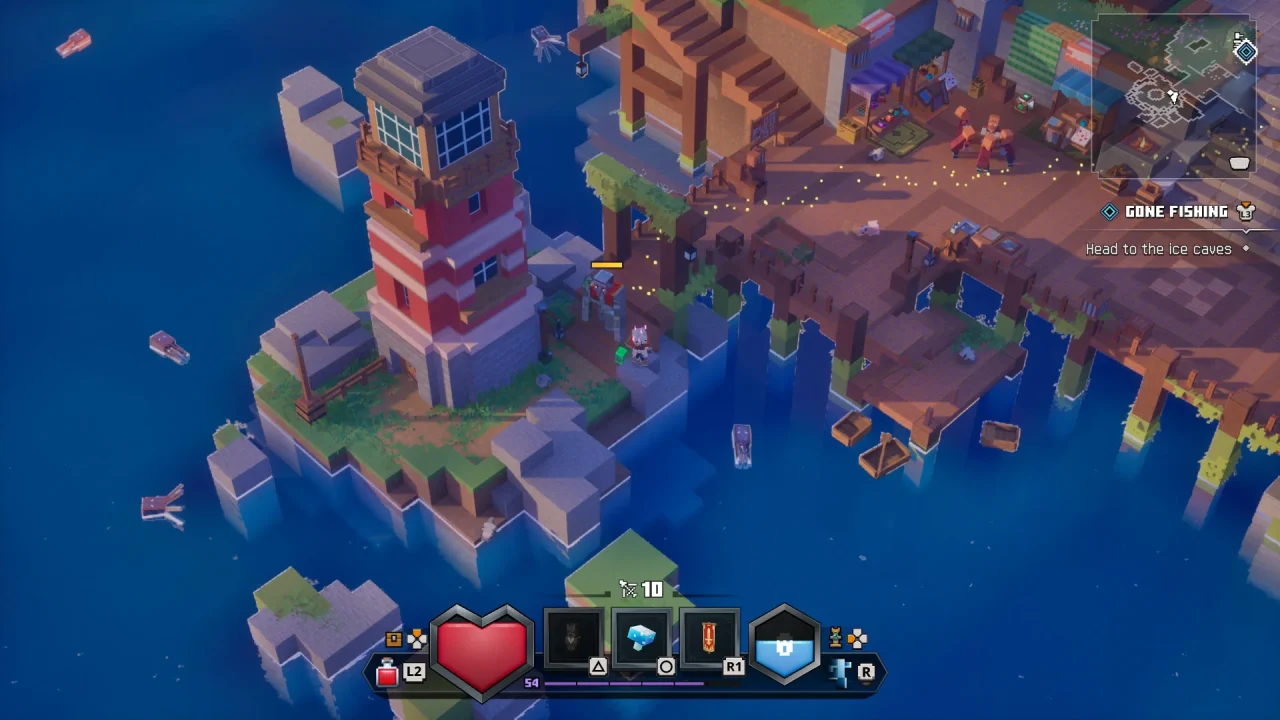 The hub town of Minecraft Dungeons II, featuring a lighthouse. 