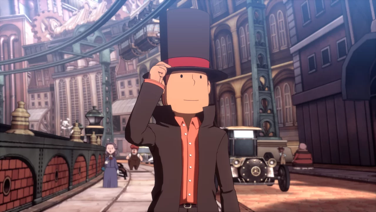 Professor Layton and the New World of Steam Screenshot of the professor holding his tall hat walking through a steampunk city.