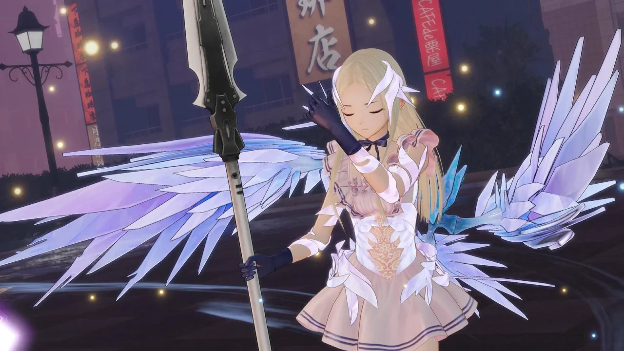 Blue Reflection Quartet Screenshot of a girl clad in white and glassy angel wings holding a spear.