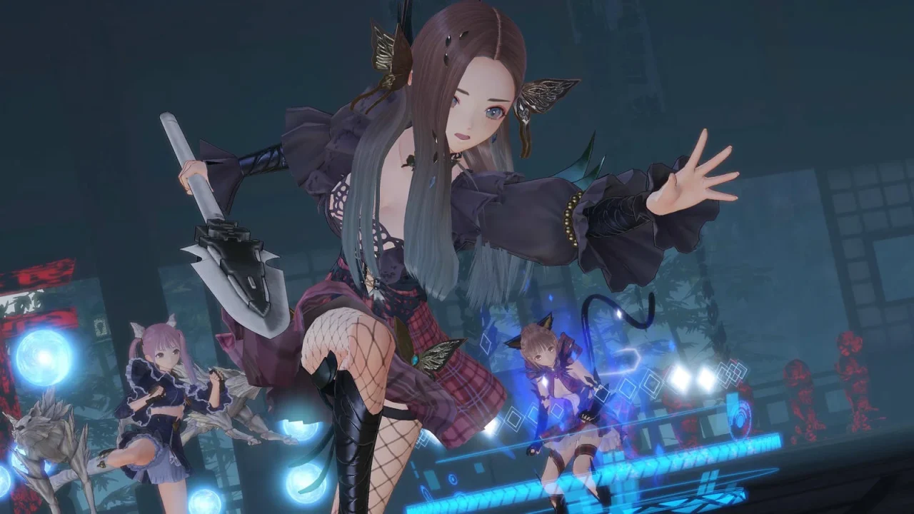 Blue Reflection Sun screenshot of a girl with ruffled sleeves and a skirt charging forward with a spear as her friends look on